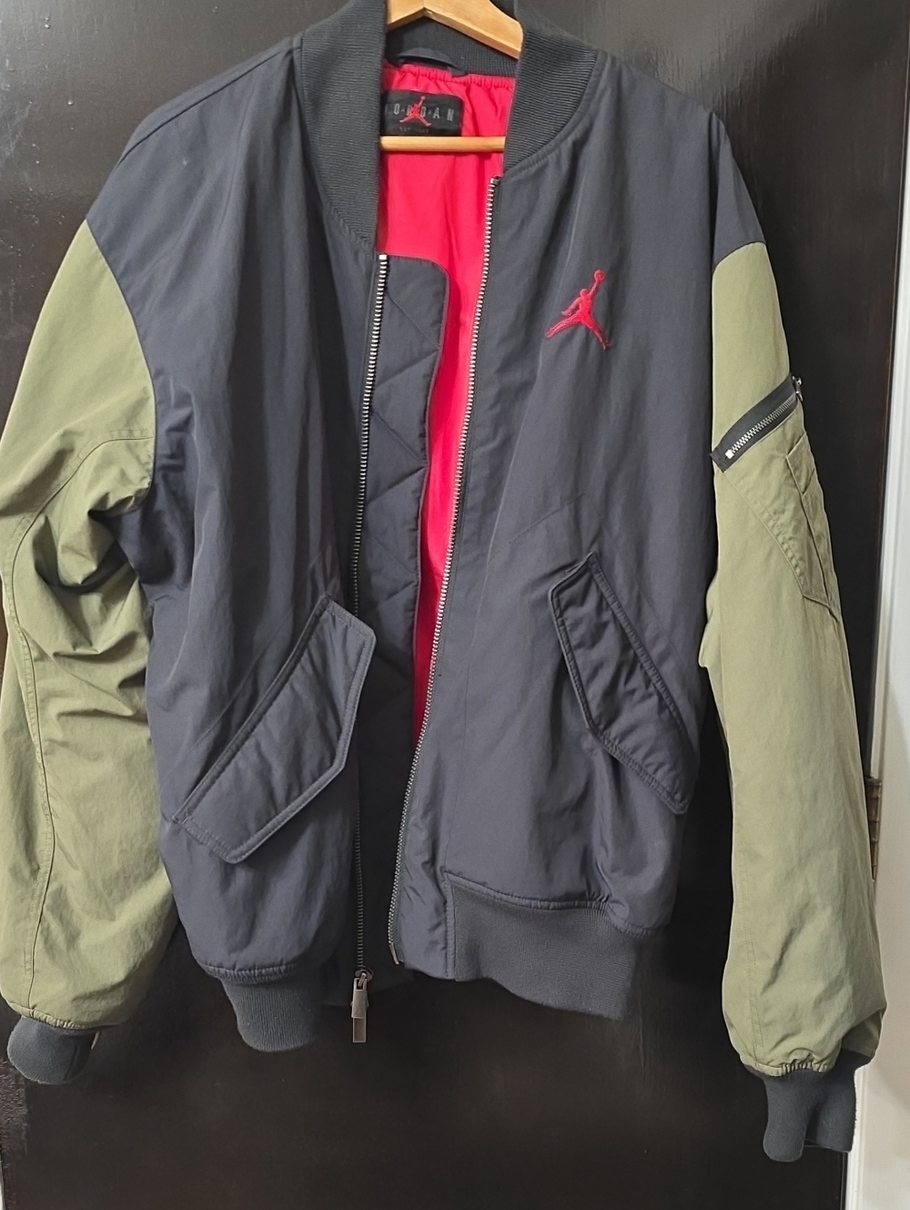 Jordan Two-Tone Bomber Jacket in Black, Olive & Red